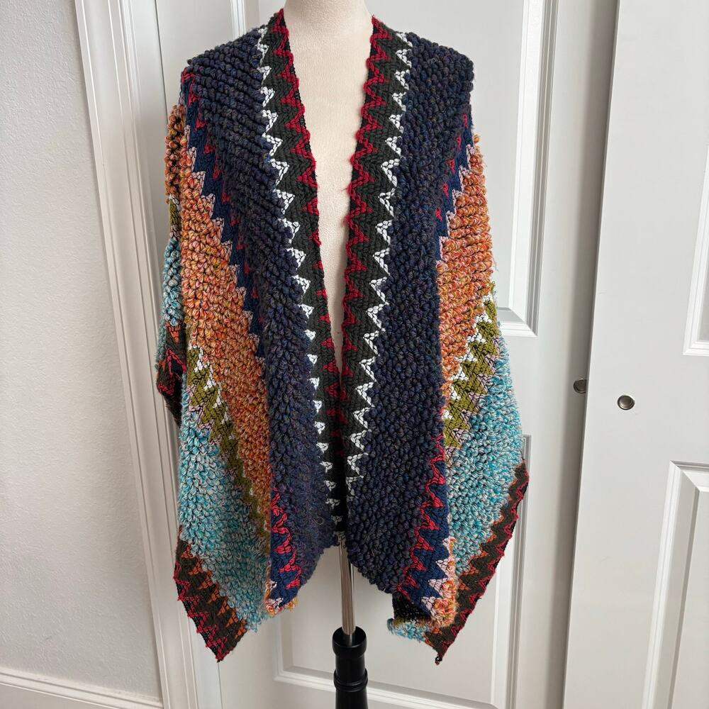 Boho Chunky Knit Kimono Cardigan Southwestern Tribal Pattern Open Front Shawl OS